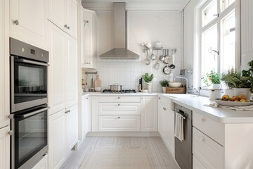 Bright and cozy white kitchen with modern appliances and soft decor