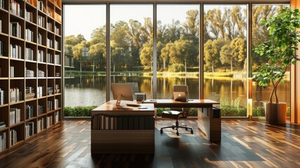 Fototapeta premium A sophisticated home office with sleek furniture, a large desk, a library wall, and a window view of a tranquil lake.