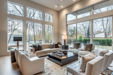 Fototapeta premium Modern living room with large windows and chic furnishings