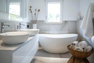 Fototapeta premium Modern and simple white bathroom with a focus on elegance