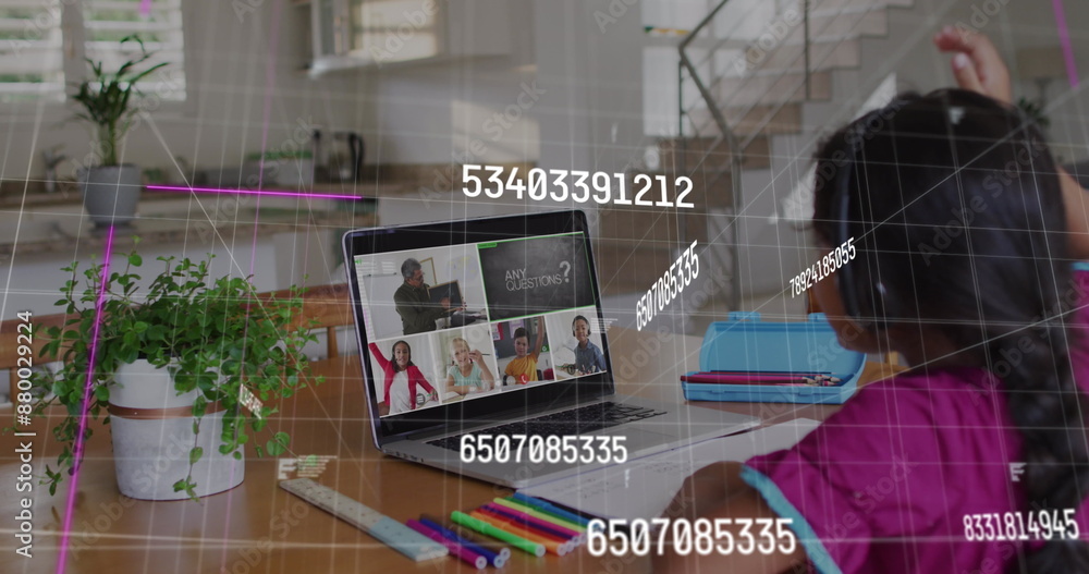 Aufkleber image of multiple changing numbers, letters over diverse students group studies on image call