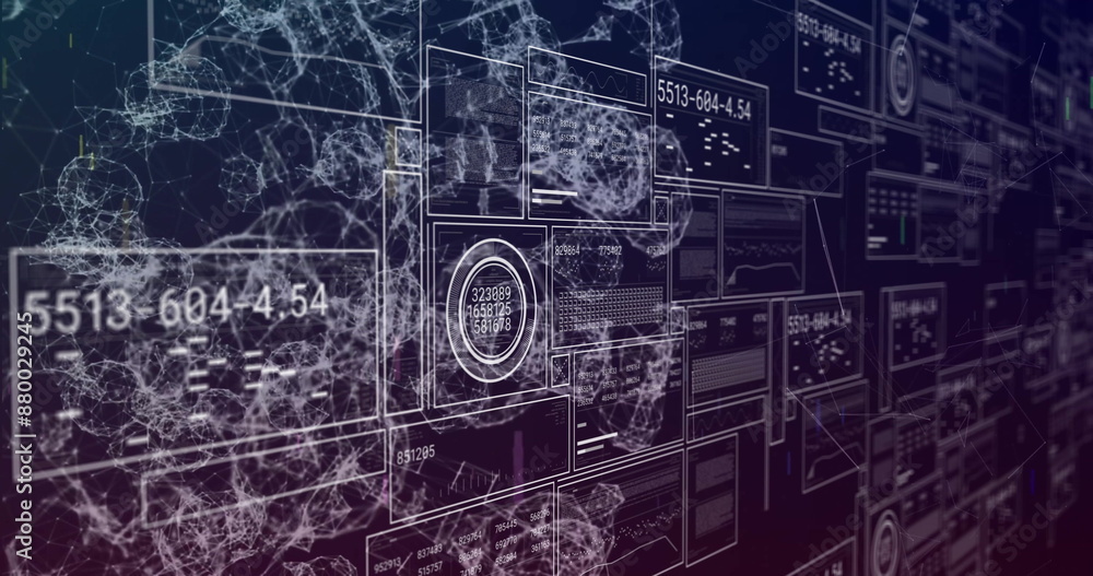 Poster image of graphs, changing number, loading circle, bars, connected dots forming abstract pattern