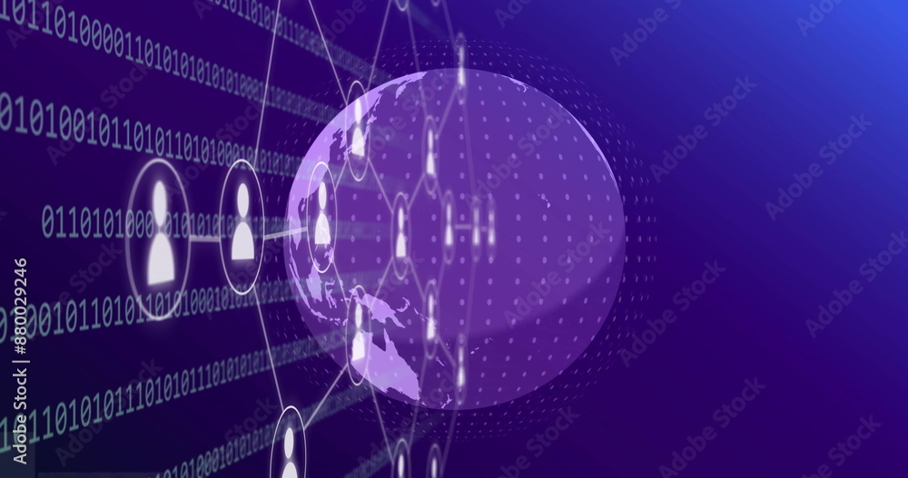 Poster image of flowchart, application icons, binary codes and rotating globe over abstract background
