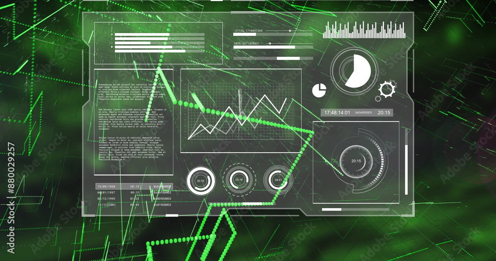 Poster image of graphs, globes, loading bars and circles with lens flare over abstract background