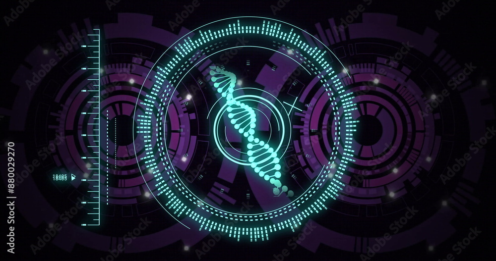 Poster image of rotating dna helix in circles over loading circles against black background