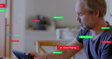 Image of multiple notification bars over caucasian man scrolling on digital tablet at home