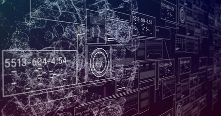 Image of graphs, changing number, loading circle, bars, connected dots forming abstract pattern