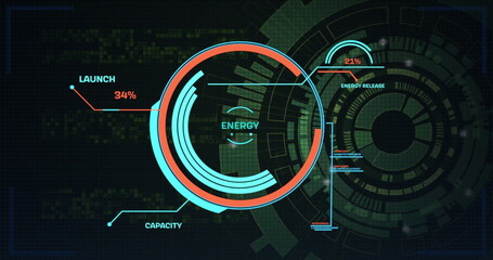 Image of multiple text, changing numbers and loading circles over abstract background