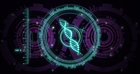 Image of rotating dna helix in circles over loading circles against black background