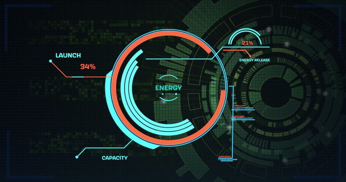 Image of multiple text, changing numbers and loading circles over abstract background