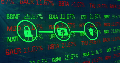 Image of financial data processing over network of icons
