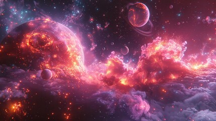 Cosmic Clouds and Planets - 3D Illustration