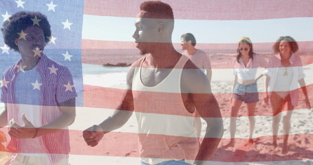 Image of flag of usa over happy diverse friends recycling on beach in summer