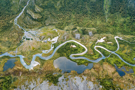 Aerial view, meandering river landscape in the Rapa Valley near Kebnekaise, Sarek National Park, Norrbottens l&auml;n, Sweden, Europe