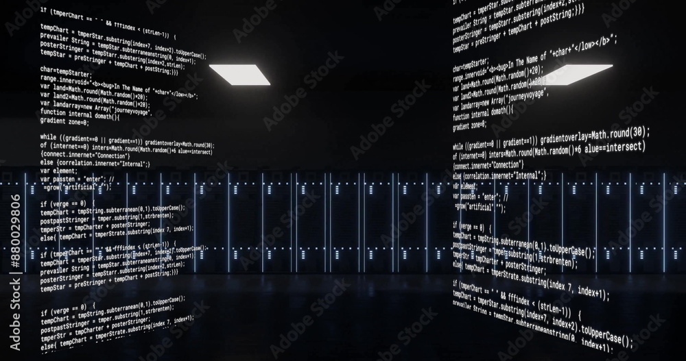 Poster image of text data processing over banks of dark computer servers