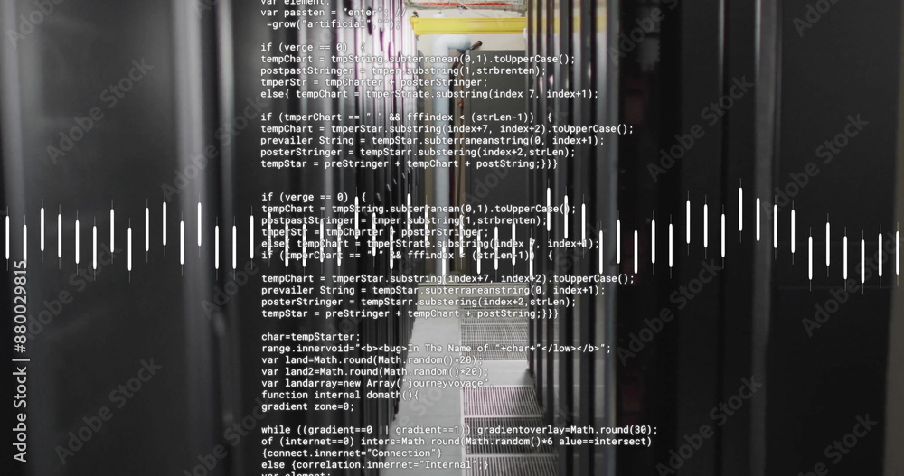 Poster image of data stream and text data files processing over dark computer server room
