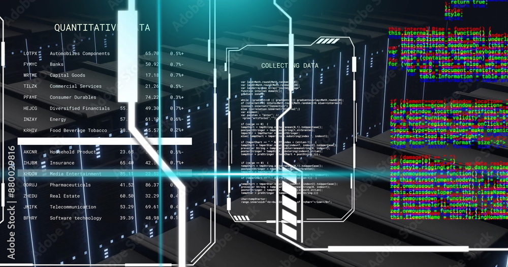 Poster image of blue scanner beams and text data files processing over dark computer server room