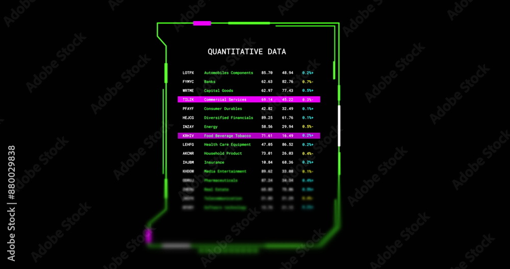Poster Image of interface screen with quantitative data text processing on black background