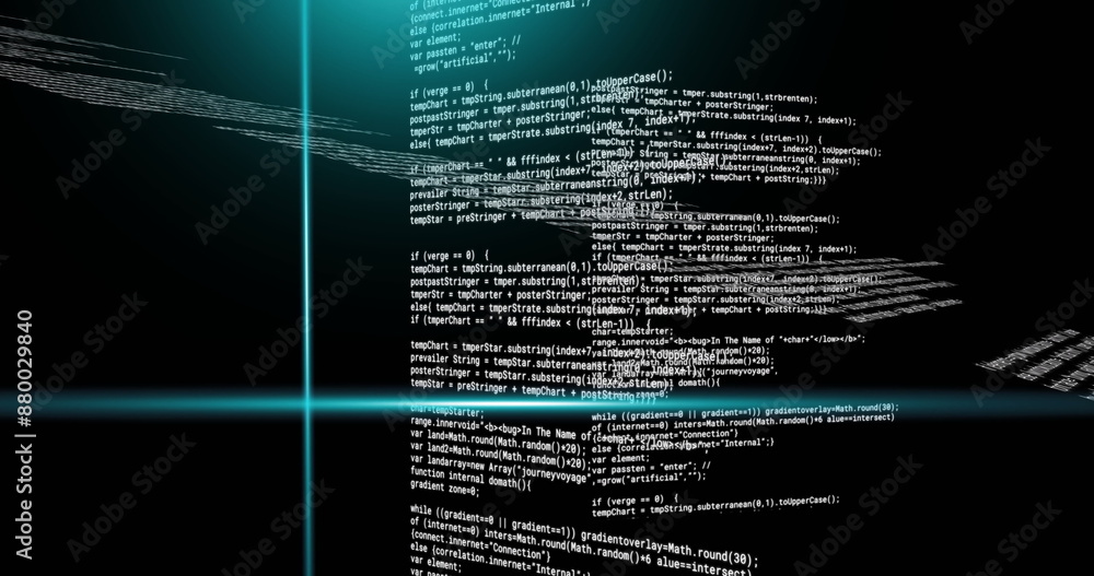 Poster image of blue scanner beams over text data processing on dark background