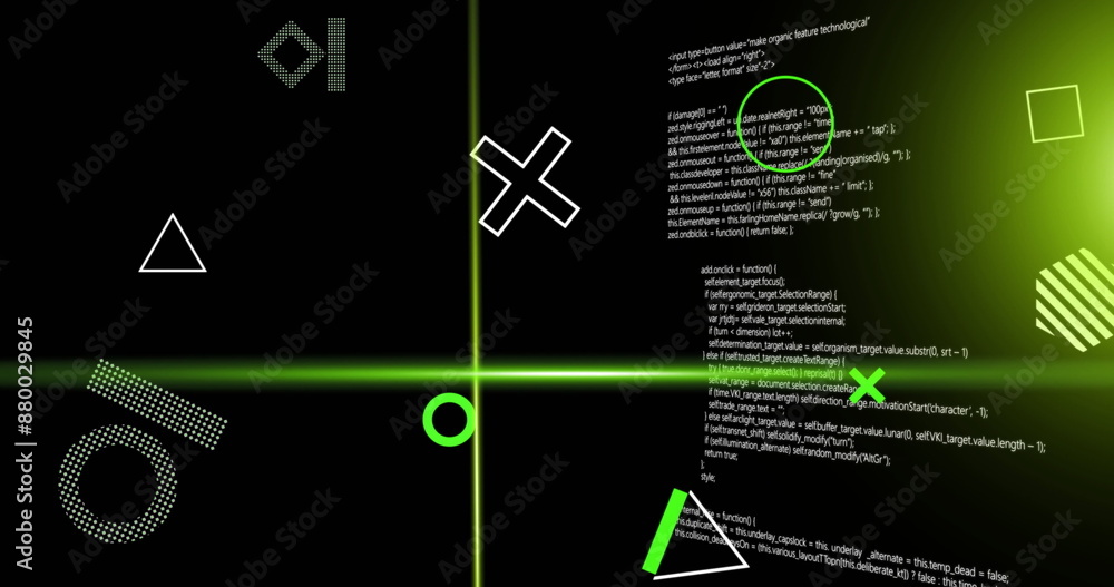 Poster image of green scanner beams and rotating shapes over data processing on dark background