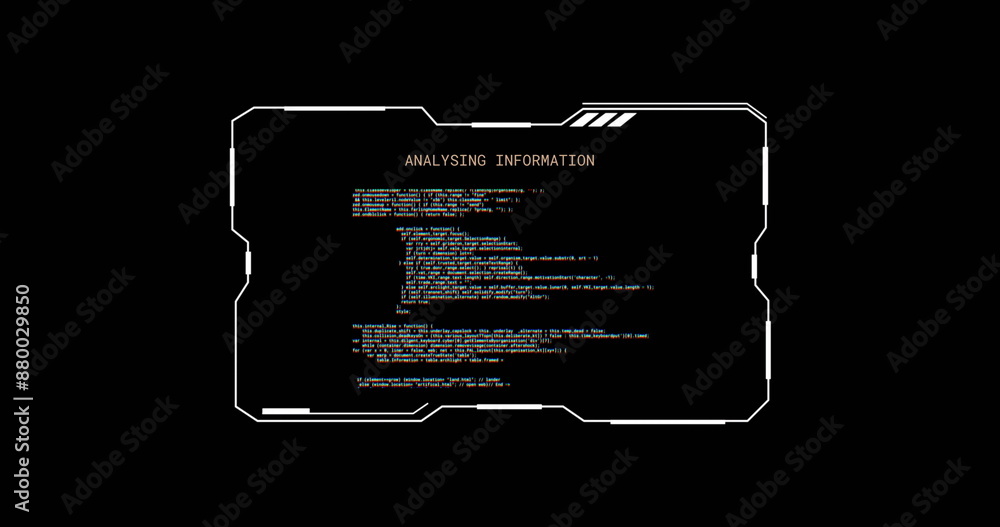 Poster image of glitching interface with analysing information text processing on black