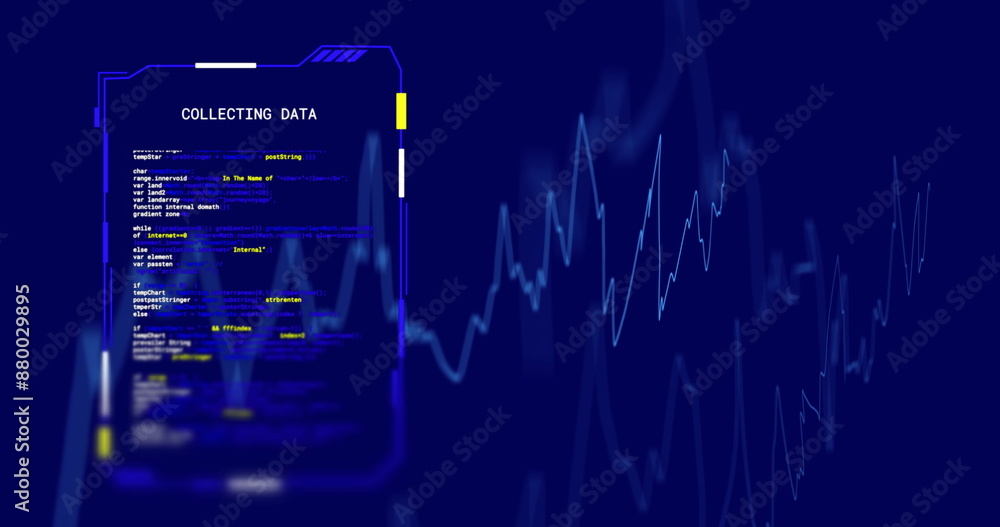 Poster image of interface screen collecting data over blue graph processing, on blue background