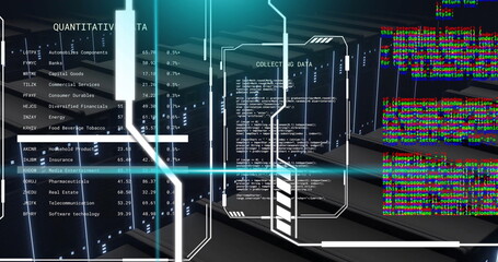 Image of blue scanner beams and text data files processing over dark computer server room