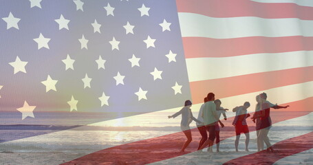 Image of flag of usa over diverse friends walking on beach