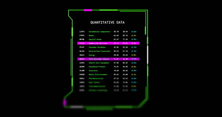 Image of interface screen with quantitative data text processing on black background