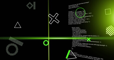 Image of green scanner beams and rotating shapes over data processing on dark background