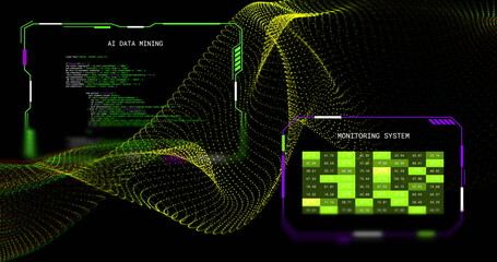 Image of yellow 3d network and interfaces ai data mining and monitoring system, on black