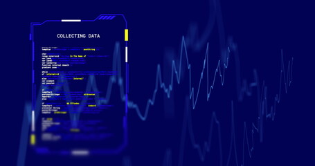 Image of interface screen collecting data over blue graph processing, on blue background