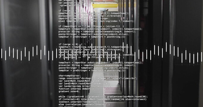 Image of data stream and text data files processing over dark computer server room