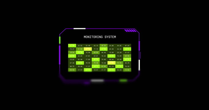 Image of interface screen with monitoring system text numbers and green lights, on black