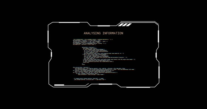 Image of glitching interface with analysing information text processing on black