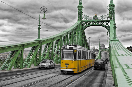 Freedom Bridge with yellow tram, colored, Budapest, Hungary, Europe