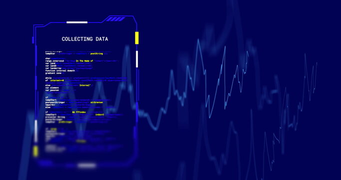 Image of interface screen collecting data over blue graph processing, on blue background