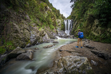 Hiker in front of Piroa Waterfall, Maungaturoto, Northland, North Island, New Zealand, Oceania