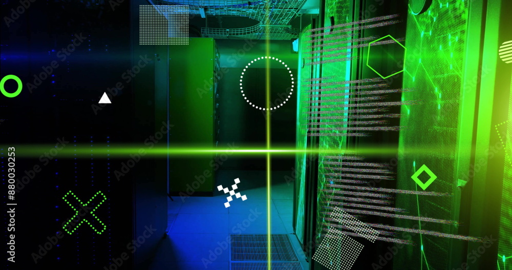 Poster image of rotating shapes, green scanner beams and processing data over server room
