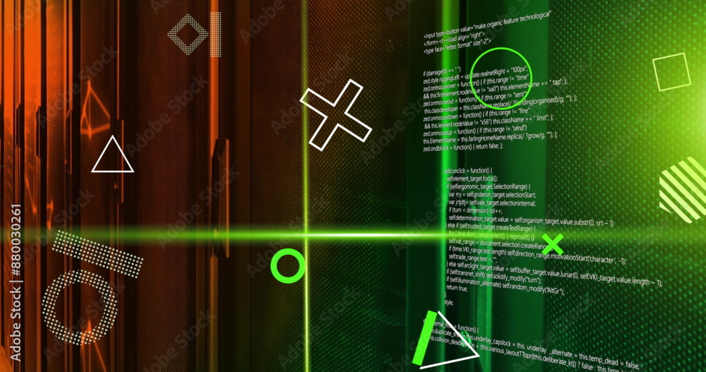 Poster image of rotating shapes, green scanner beams processing data and networks over server room