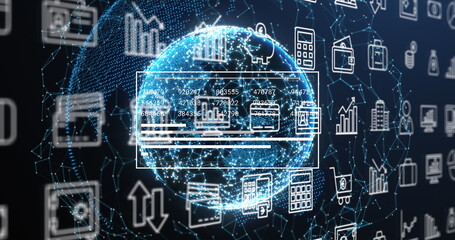 Image of multiple digital icons over globe of network of connections against blue background