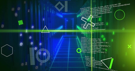 Image of rotating shapes, green scanner beams and processing data over server room