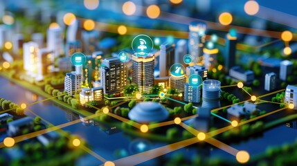 Obraz premium Futuristic smart city model with interconnected digital communication nodes and advanced infrastructure, showcasing urban planning and technology.