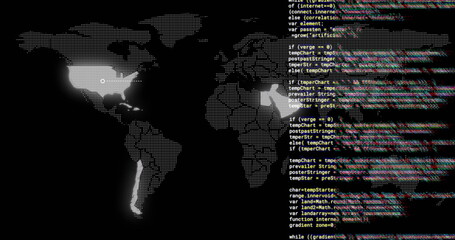 Image of data processing over flashing world map on black background