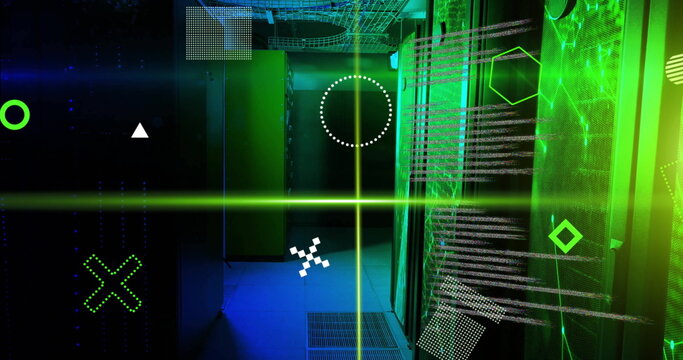 Image of rotating shapes, green scanner beams and processing data over server room