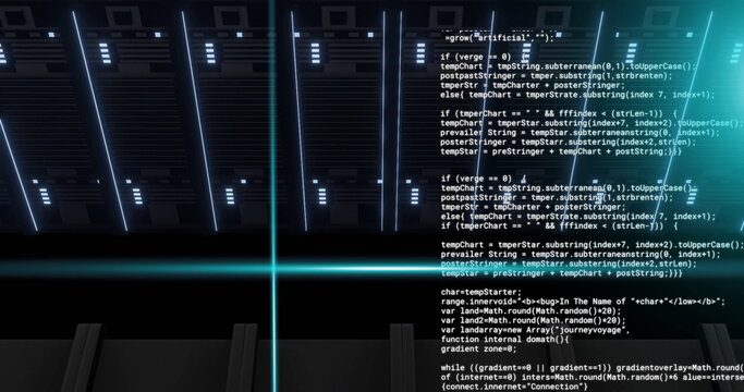 Image of blue scanner beams and processing data over dark computer servers - Powered by Adobe