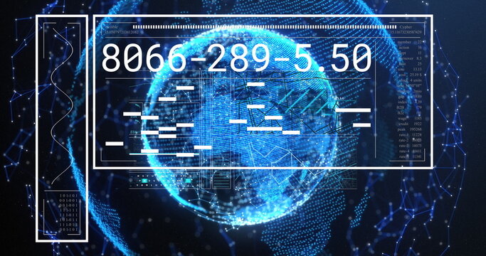 Image of interface with data processing over globe and network of connections on blue background - Powered by Adobe