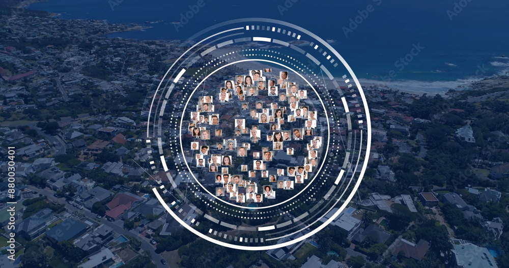 Poster image of scope with photos and data processing over cityscape