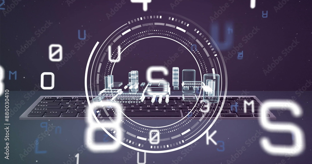 Poster image of globe with data processing over laptop on black background