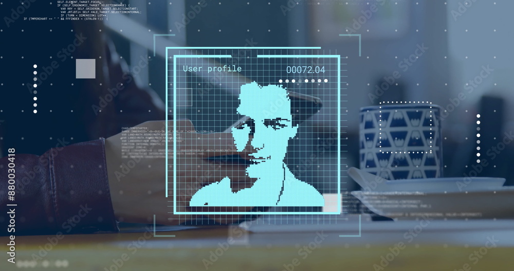Aufkleber image of biometric photos data processing over caucasian man using smartphone